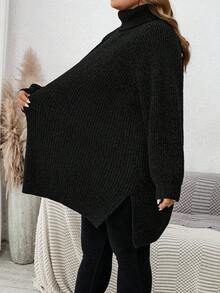 SHEIN CURVE+ 大码女式高领长袖宽松休闲套头毛衣，秋冬款 - 黑色 - 查看 3