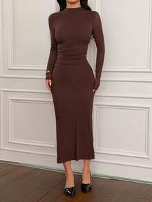 SHEIN PETITE 女士咖啡色长袖休闲连衣裙，适合城市通勤、商务、优雅派对、万圣节、圣诞节 - 棕色 - 查看 10