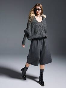 MYSTAURA 女式休闲蝙蝠翼长袖毛领连帽开衫，秋冬 - 灰色 - 查看 5