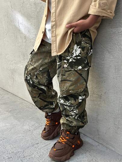 Coolane Kids Tween Boys' Stylish Winter Casual Resin Camouflage Jeans With An Elastic Waistband, Large Pockets, And A Loose Fit In A Washed Green Color, Christmas/New Year/Thanksgiving/Party/Chic