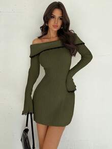 Firerie Elegant Sexy White Contrast Lace Patchwork Off Shoulder Flare Sleeve Cinched Waist Mini A-Line Sweater Dress, Autumn/Winter,Fall,Fall Clothes For Women,Women's Winter Clothes - Army Green - View 3