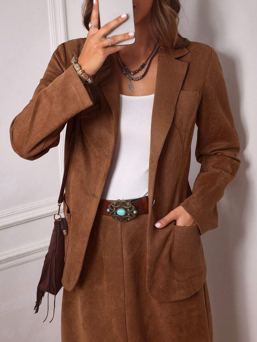 LanaWest Setelan Jaket Blazer Wanita Gaya Western Vintage Warna Cokelat Koin + Rok Model A-Line - Coklat - View 1