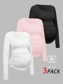 SHEIN 孕妇休闲纯色褶皱修身T恤，秋季孕妇装，孕妇上衣，孕妇衬衫，长袖孕妇上衣，女士孕妇上衣 - 淺粉色 - 查看 4