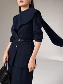 Heiryn Conjunto de dos piezas para mujer con blazer de diseño con botones delanteros de unicolor y falda con bajo dividido en color marrón para otoño/invierno - Azul Marino - Ver 1
