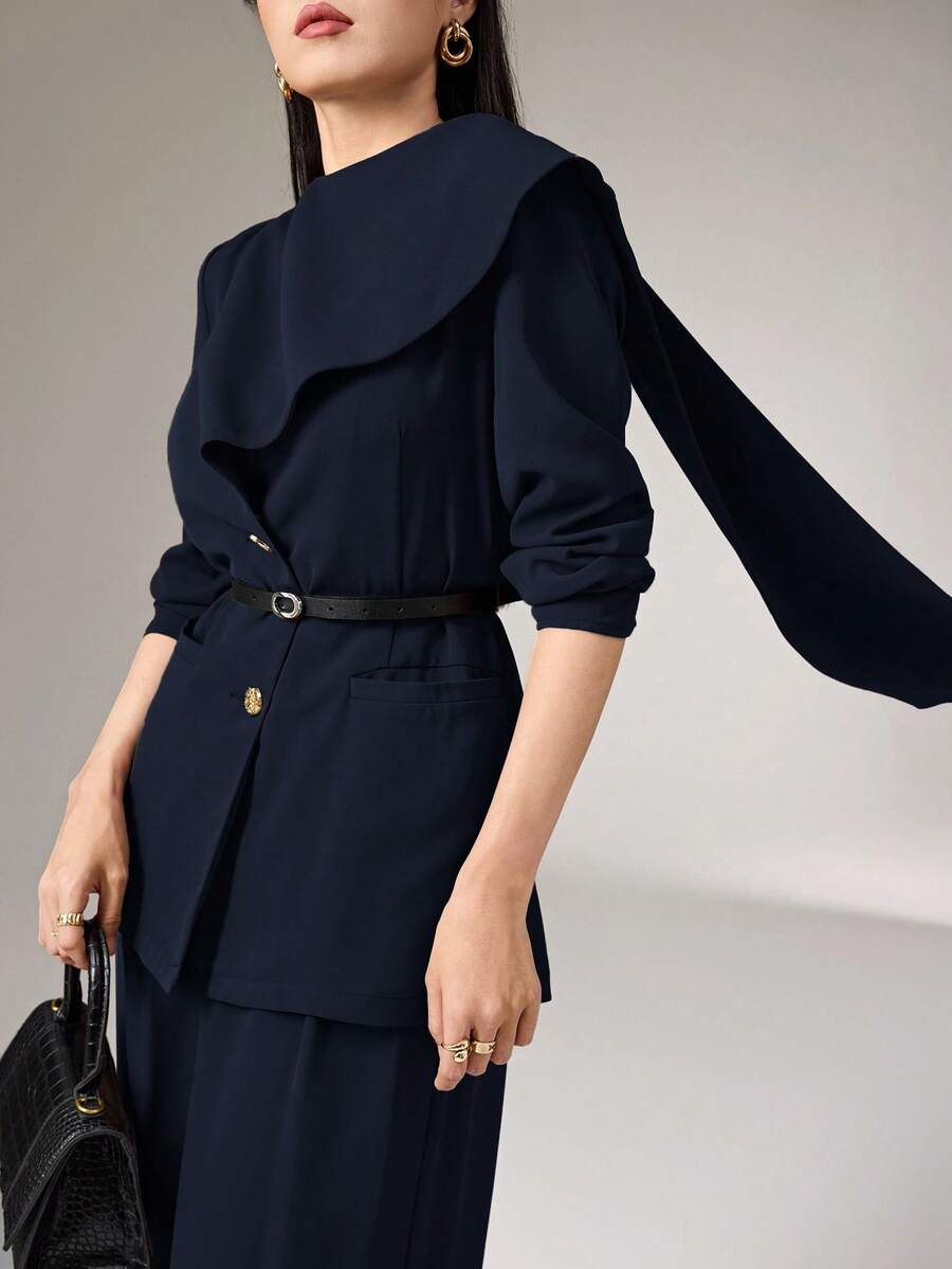 Heiryn Conjunto de dos piezas para mujer con blazer de diseño con botones delanteros de unicolor y falda con bajo dividido en color marrón para otoño/invierno - Azul Marino - Ver 1
