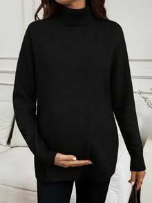 SHEIN Maternity Casual Solid Color Turtleneck Wrap Sweater, Autumn/Winter Nursing Top Maternity Sweater Black Maternity Top Maternity Turtleneck Maternity Pullover - Black - View 3