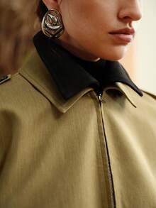 EMERY ROSE Women's Twill Fabric Drop Shoulder Lapel Contrast Color Double Layer Collar Removable Daily Commuter Jacket  Winter Clothes    Winter Jacket For Women - Khaki - View 5