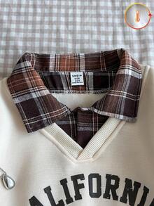 Genkimix Kids 少女休闲韩版卫衣，棕色格子前片搭配灰色纯色针织面料，黑色英文印花，罗纹领口/袖口/下摆，长袖套头衫，适合春、秋、冬三季上学、休闲外出和聚会穿着。