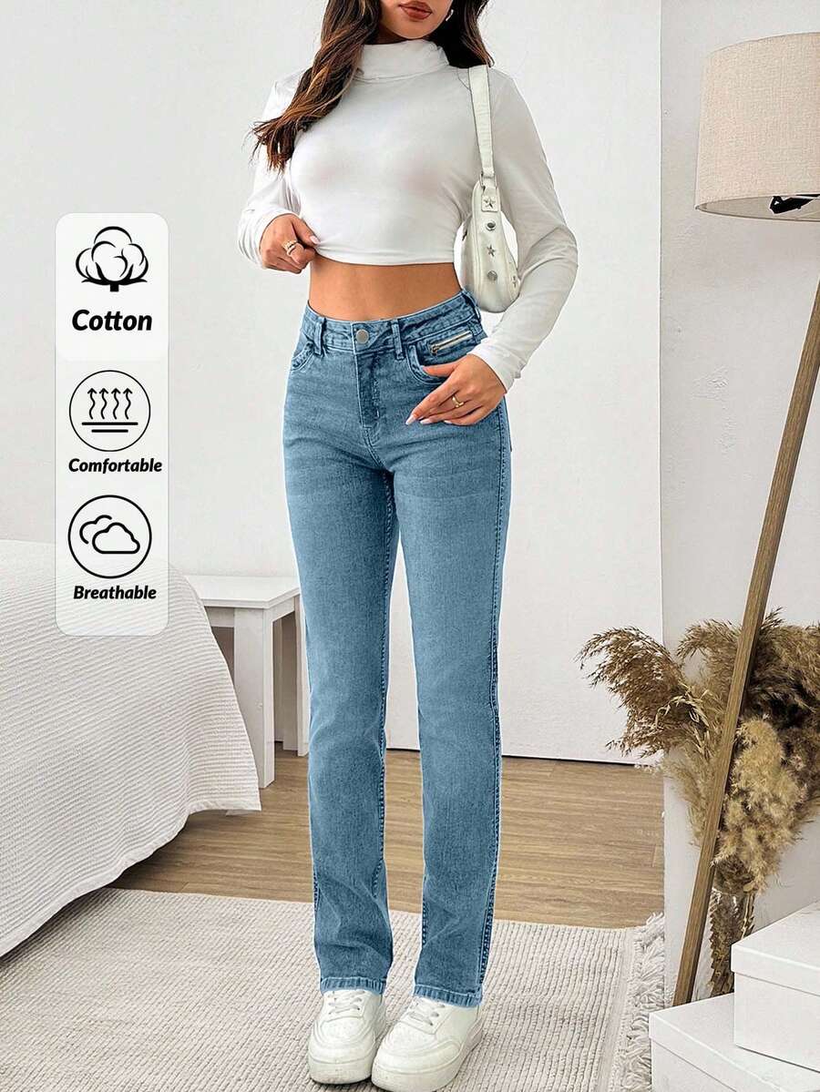 EURMUSE QUẦN JEANS CẠP CAO THẲNG KIỂU GÓT CÓ KHÓA KÉO CHO NỮ - Màu xanh nhạt - Xem 1