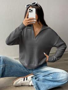 Flirla Áo len dài tay dáng rộng cổ bẻ trễ vai màu trơn dành cho nữ, mùa thu/đông - Màu xám đen - Xem 3