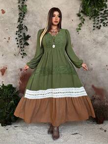 SHEIN Whyspr Grunge Cottage Punk Plus Size Bohemian Colorblock Patchwork Long Sleeve Dress - Multicolor - View 1