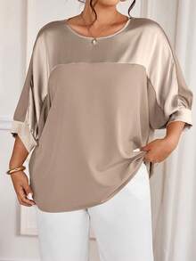 Cravure Koszula w dużym rozmiarze, okrągły dekolt, rękaw 3/4, metaliczny materiał, patchwork, kontrastowy kolor, mankiet, rękaw typu raglan, swobodna, na wyjścia, na święta, do pracy, na imprezę