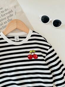 SHEIN Babygirl Cute Versatile Knitted Striped Heart Pattern Long Sleeve Sweatshirt, Autumn/Winter - Black and White - View 5