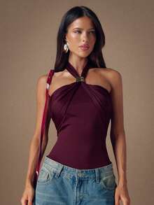 SHEIN BAE Autumn/Winter Women's Sexy Metallic-Embellished Ruffled Bodysuit Burgundy Bodysuit Sexy Bodysuit Fashion Statement Piece Outfit New Year's Attire Red Bodysuit Perfect For Home, Parties - Burgundy - View 4