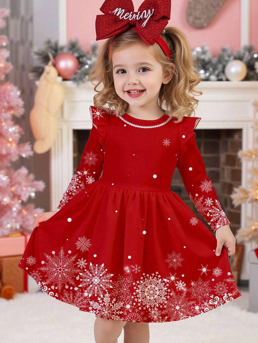 SHEIN Happikins Christmas Snowflake Pattern Young Girl Casual Elegant Gorgeous Sweet Fashion Flutter Sleeve Long Sleeve Christmas Dress, Suitable For Autumn/Winter Daily Wear, Christmas Party, Photography, Home - Multicolor - View 1