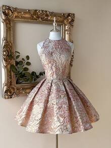 Lovelzi 奢华宫廷风格提花面料绿色露背交叉系带 A 字形喇叭裙，适合约会、度假、单身派对、舞会、婚礼、毕业典礼、舞会 - 粉色 - 查看 5