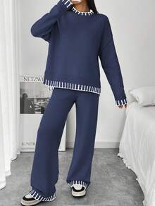 SHEIN Holidaya Terno feminino elegante, solto, de duas peças, com cor contrastante, suéter de manga comprida, blusa e calça, outono - Azul Real - Ver 7