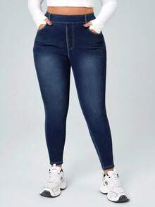 SHEIN CURVE+ 大码女式牛仔蓝色弹力性感休闲紧身牛仔裤，适合牛仔竞技爱好者 - 深色水洗藍 - 查看 4