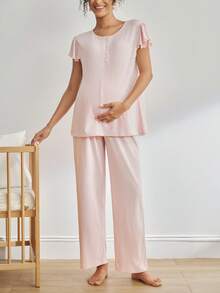 Moonlight&Mama Maternity Solid Color Cap Sleeve Top And Pants Pajama Set - Pink - View 3