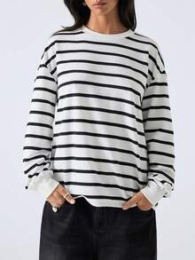 LYSMO 2025 New Arrive Minimalism Winter Striped Print Sweatshirt Graduation,Back To School,Graduation,Teacher For Women,Back To School In Fall/Winter Winter For Women New Year Look And Christmas For Women For Going Out, Streetwear, And Stockholm Style - Black and White - View 5