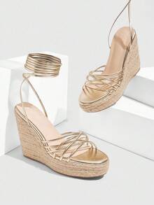 CUCCOO SZL Women's Fashion Gold Slim Strap Combination Lace-Up Rope Sole Wedge Sandals, Suitable For Commuting,Dating,Party,Holiday