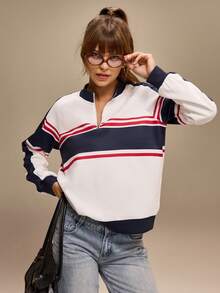 Hanevo Women's Fashion Elegant American Striped Retro Sporty Metallic Zipper Half-Zip Stand Collar Raglan Sleeve Loose Casual Sweatshirt - Multicolor - View 6