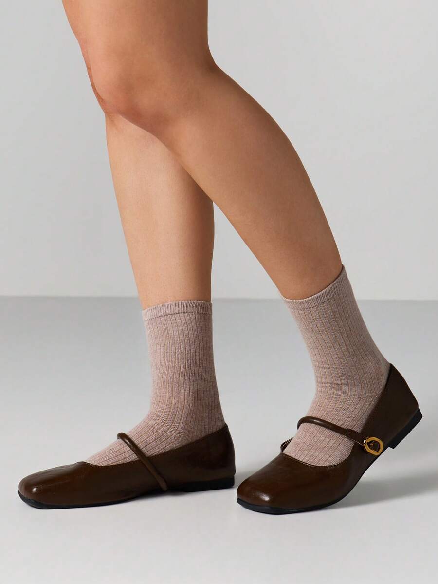 MISSGUIDED Ribbed Crew Socks With Mary Jane Flat Ballet Shoes Buckle Closure Round Toe - Brown - View 1