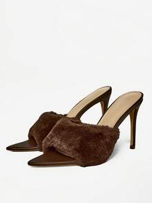 MUSERA Fluffy Faux Fur Brown Heels Cute Summer Spring Cute Going Out Accessories - Brown - View 3