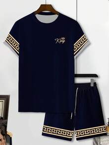 Manfinity LEGND 男士修身几何与字母印花短袖 T 恤和抽绳腰袋短裤套装 - 彩色 - 查看 2