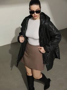 Aveloria Modichic 女式格纹束腰设计休闲日常夹棉大衣，带拉链装饰，棕色，秋冬 - 黑色 - 查看 3