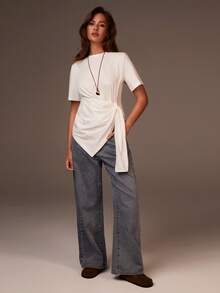 Athîral White Top New Year,Casual White Top For Women,Soft Cotton With Pleated Waist - White - View 4