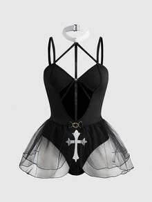 ROMWE Gothic Cross Hollow Sexy Jumpsuit For Halloween Cosplay