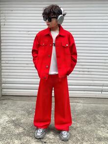 2 piezas Conjunto de moda casual de estilo vintage Y2K para niño preadolescente, un regalo decorativo navideño que incluye una chaqueta de mezclilla de cuello largo y mangas largas y unos pantalones vaqueros simples, cómodos y sueltos para ropa de diario y atuendos de otoño e invierno para niños, ropa de festival y ropa urbana