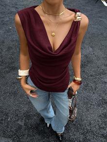 Siren Gaze Women's Asymmetric Neck Draped Ruched Waist Blouse, Sexy Elegant Office Lady Top, Featuring Metal Button Decor On Shoulder, Fashionable, Commute, Elegant, Sexy, Holiday, Beach, Hawaii, Draped Neck, Outerwear Summer Christmas New Year Red,Red Top,Christmas Burgundy,Red Tops For Women Casual - Burgundy - View 3