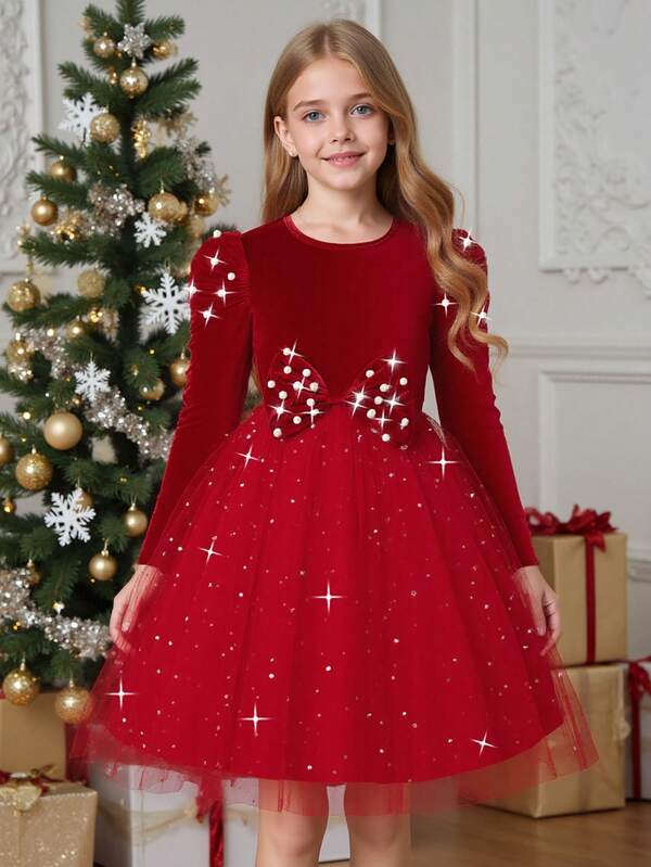 1pc Girls' Autumn New Velvet Fabric Round Neck Long Sleeve Ruched Gigot Sleeve Dress With Bow Waist And Sequin Hem, Red, Suitable For Christmas, Parties, Ceremonies