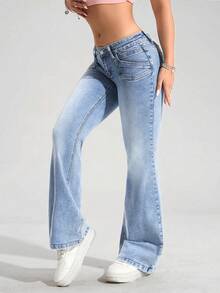 SHEIN ICON Women's Casual Street Fashion Denim Jeans - Light Wash - View 4