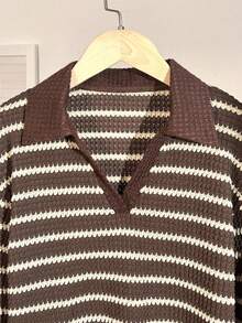 SHEIN Girls Striped Polo Shirt Top & Bottoms 2-Piece Set, Fashionable For Spring/Autumn - Brown - View 4