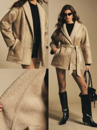 Poéselle Women's Casual Faux Fur Coat,Beige Shearling Faux Suede Oversized Coat, With Shawl Collar And Belt Design, Autumn/Winter,Belted Winter Jacket Women, Inspired Holiday, Christmas & New Year 2025 Outerwear, Women Coats, Women Winter Clothes, Outerwear Women