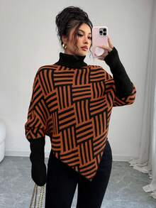 Elenzga Women's Elegant High Neck Geometric Textured Poncho Sweater, Colorblock, Suitable For Home & Travel, Spring/Autumn - Orange - View 4