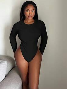 Alexandranx Solid Slim Fit Spring Women Bodysuit - Black - View 4