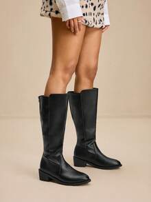 Daringsoles New Women's Pointed Toe Leather Chunky Heel Fashion Boots, Knee-High Riding Boots, Comfortable & Versatile, Suitable For Music Festivals, Halloween, Christmas, Daily Wear - Black - View 4