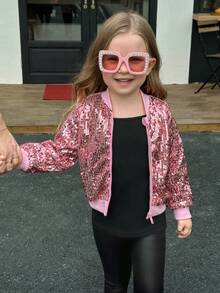 Young Girl Pink Ribbed Stand Collar Zip-Up Jacket With Full Sequins Embellishment, Long Sleeve, Ribbed Cuffs And Hetic & Elegant, Autumn/Winter