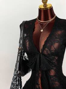 Amplova Women's Lace Long Sleeve Two Pieces Set, Sexy & Avant-Garde Sheer Lace Long Sleeve Coverup With Multi-Layer Cake Skirt, Super Short And Ultra Low Waist Mini Skirt Black See Through Two Pieces Set - Black - View 5