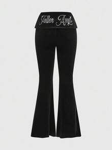 ROMWE Grunge Punk Y2K Velvet Rhinestone Graphic Cropped Hoodie & Low-Rise Flare Pant2 Piecesce Set For Women - Black - View 4