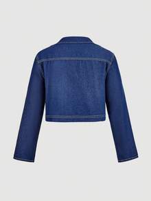 SHEIN MOD 大码女式牛仔夹克带口袋和牛仔裙休闲两件套 - 深色水洗藍 - 查看 4