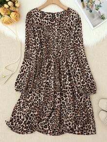 SHEIN LUNE 大码春秋季休闲豹纹连衣裙 冬季服装 猎豹纹连衣裙 女士休闲连衣裙 可爱连衣裙 豹纹连衣裙 动物纹连衣裙 - 杏色 - 查看 1
