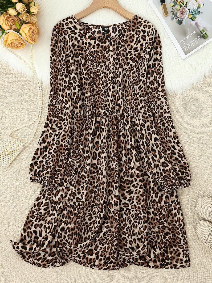 SHEIN LUNE 大码春秋季休闲豹纹连衣裙 冬季服装 猎豹纹连衣裙 女士休闲连衣裙 可爱连衣裙 豹纹连衣裙 动物纹连衣裙 - 杏色 - 查看 1