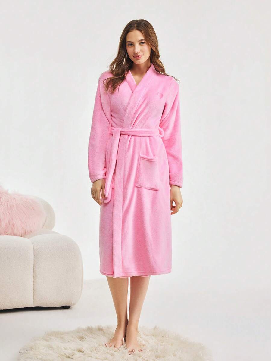 Bonmuse 1件女款優雅V領長袖法蘭絨睡袍附腰帶,秋冬/夏季適用 - 粉色 - 查看 1