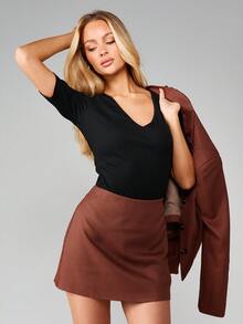 MISSGUIDED V 领短款上衣罗纹针织半袖修身经典基本款分层日常衣橱必备夏季春秋季 - 黑色 - 查看 1