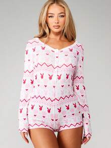 Missguided x Playboy 圣诞仙女岛兔子标志圆领长袖节日睡衣连体衣 - 彩色 - 查看 5